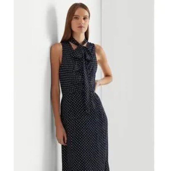 Lauren Ralph Lauren Midi Dress Polka Dot Navy White Chiffon V-Neck Preppy Sz 4 - Picture 1 of 13